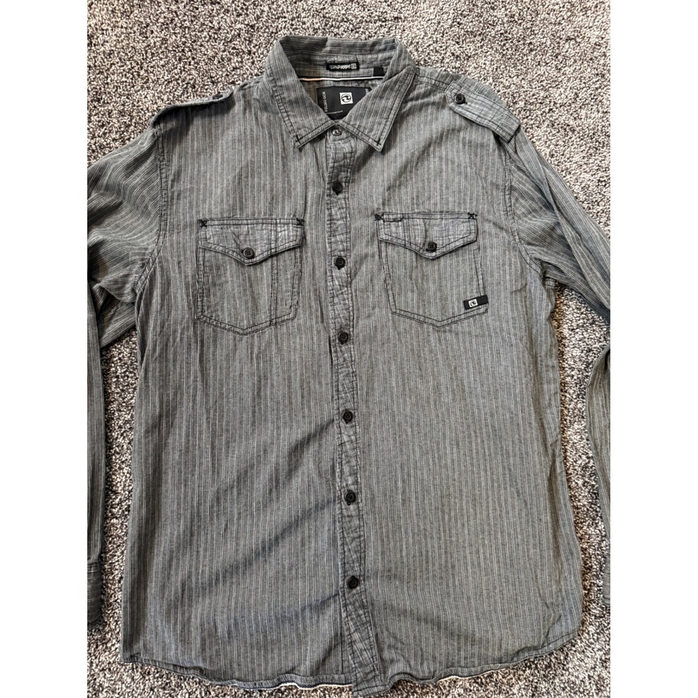 Ocean Current Mens Large Grey Striped Long Sleeve Button Down Utility Shirt L
